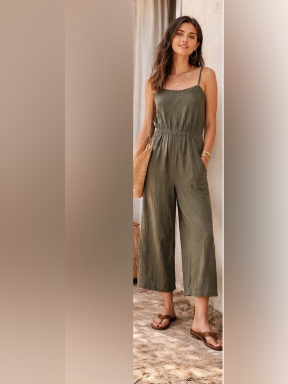 Susina Olive Linen Jumpsuit LP Petite Wide Leg Minimalist Nordstroms Pockets